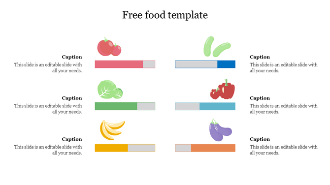 Illustrated food template featuring images of tomatoes, lettuce, bananas, peppers, and eggplants, with progress bars.