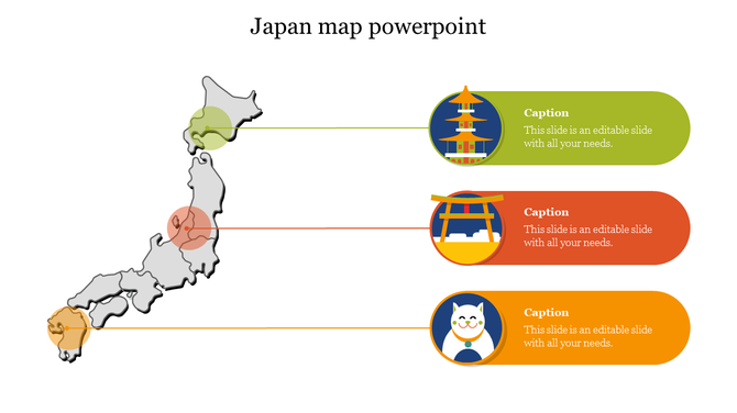 Gray Japan map with three circular highlighted areas connected to green, red, and orange captions featuring cultural icons.