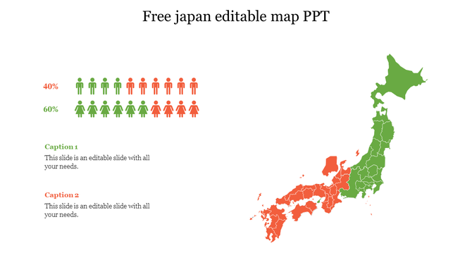 Map of Japan in green and red, with a percentage chart of people icons on the left and two caption boxes below.