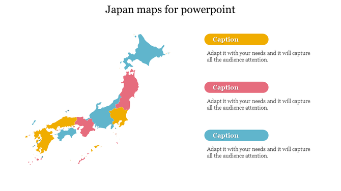 Color coded map of Japan with regions highlighted in yellow, pink, and blue alongside descriptive captions.