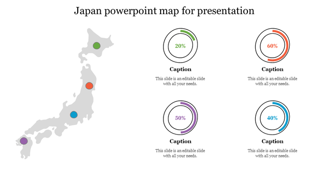 Japan map PowerPoint slide with color coded percentage circles for visual presentation with captions on a white backdrop.