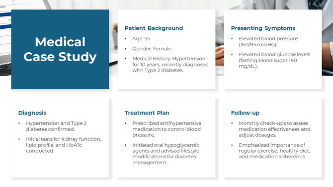 Medical case study slide with five text boxes in blue and white color scheme, detailing diagnosis and treatment plan.