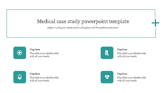 Medical case study slide with four colored icons and captions.