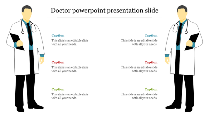 Slide featuring two illustrated doctors with stethoscopes and captions for content.