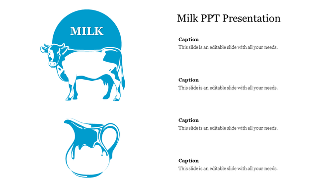 Blue and white illustration of a cow above a milk jug, with four captions on the right.