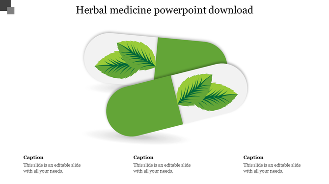Illustration of herbal medicine capsules on a slide, featuring green leaves on a white and green pill with captions.