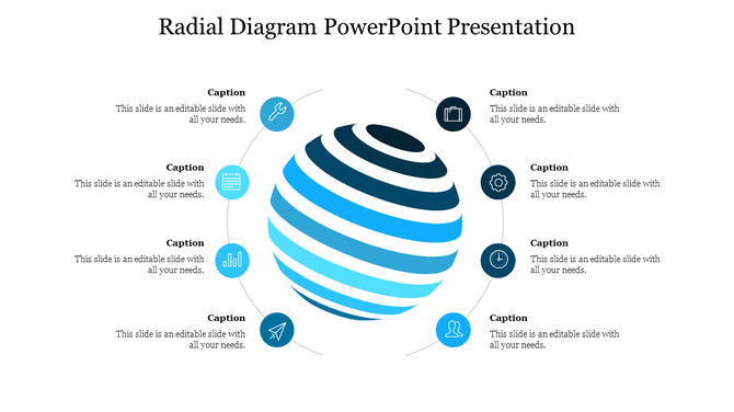 Radial diagram PowerPoint slide with colorful circular arrows and icons for each segment with captions on a white backdrop.