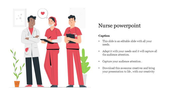 Illustration of three nurses in scrubs, standing together with plants and a framed picture in the background.