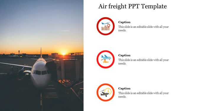 Air Freight slide featuring a sunset view of an airport with a parked airplane, complemented by three icons for captions.