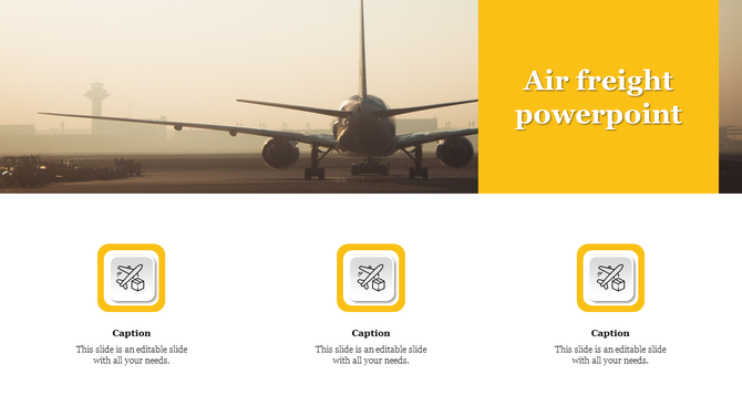 Airplane on the runway with cargo loading yellow color icons for a professional air freight presentation.