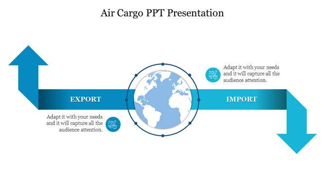 Illustration of global air cargo flow with arrows indicating export and import directions, centered on a world map.