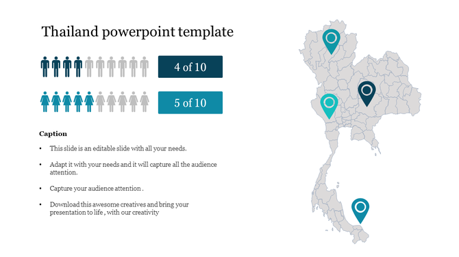 Thailand map with three location markers in teal and dark blue, accompanied by gender ratio icons and descriptive captions.