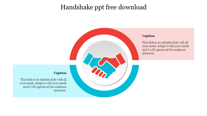 Handshake PowerPoint slide with red and blue circular design elements and captions.
