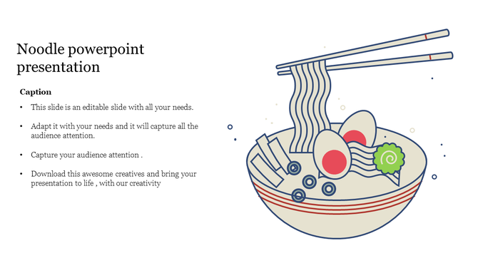 Slide featuring a bowl of noodles with chopsticks, eggs, and vegetables, accompanied by text on the left.