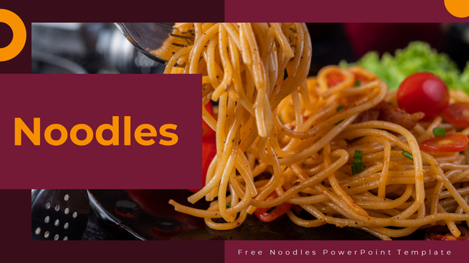 A fork lifts yellow noodles above a dish with tomatoes, layered with maroon panels and bright orange text elements.