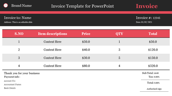 A slide showing an invoice template with sections for item descriptions including payment details at the bottom.