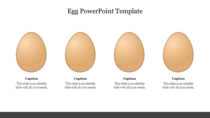 Egg themed slide with four brown eggs aligned horizontally, each with a caption and text area below, on a white layout.