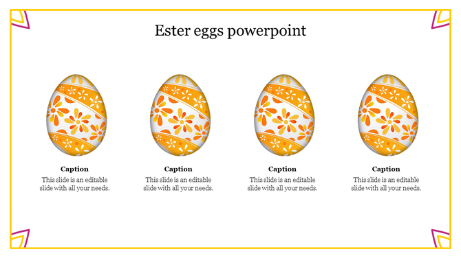 Four decorative eggs with orange floral patterns placed in a row on a white background with a yellow border.