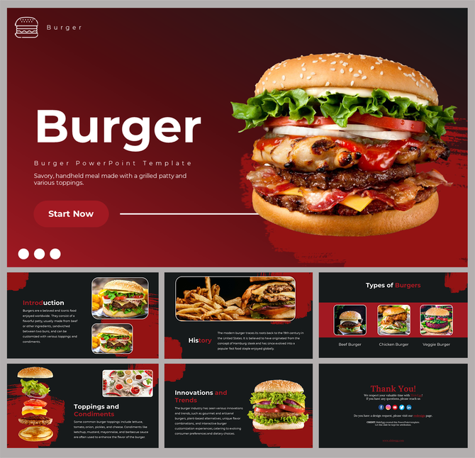 Burger PPT template featuring a large burger image, with slides on history, types of burgers, toppings, and trends.