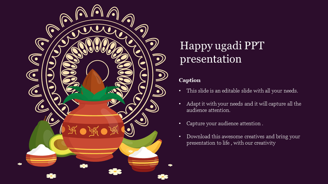 Ugadi slide featuring a decorated pot, fruits, and coconut against a purple background with intricate patterns.