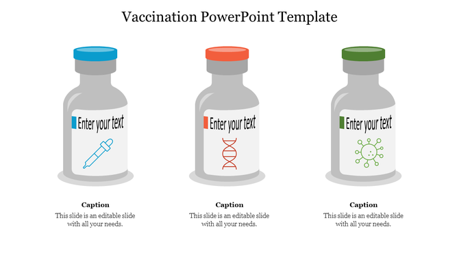 Vaccination PowerPoint template featuring vaccine vials and icons of a syringe, DNA, and a virus.