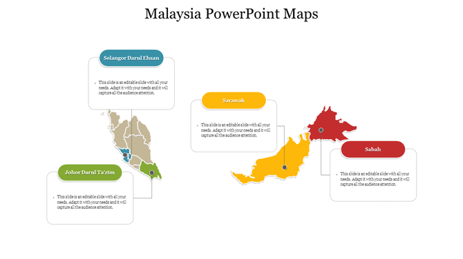 Malaysia map template featuring four regions in distinct colors, each with a label and a placeholder text areas.
