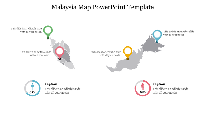 Two grey Malaysia map outlines with colorful markers in green, red, yellow and blue, with two percentage areas at the bottom.