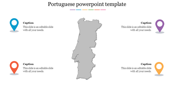Map of Portugal with four colorful location markers around it, each paired with placeholder text placed in a white background.