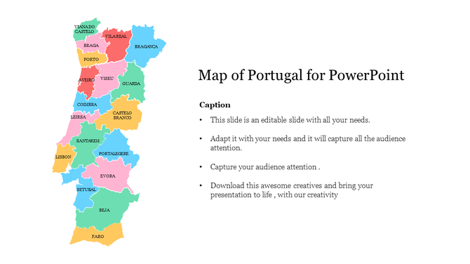 Portugal map infographic with colored regions and labeled caption areas, for presentations.