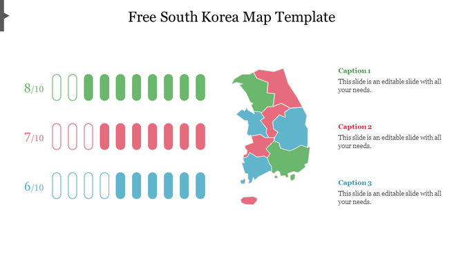 PowerPoint template showing a South Korea map with colored regions and bar ratings for different areas with captions.