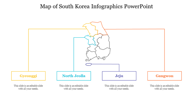 Map of South Korea with regions outlined in yellow, blue, purple, and orange, connected to text boxes by matching lines.