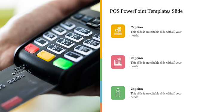 POS terminal close-up with a credit card inserted, three colored icon placeholders for captions on the right.