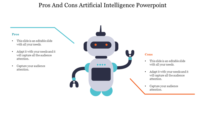 Illustration of a robot at the center with teal and orange lines divide the slide for pros and cons placeholder text.