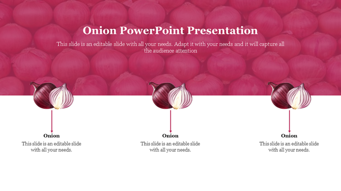 Slide features three onion illustrations, each labeled with text below, set against a vibrant pink themed background.