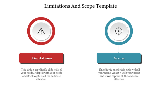 Slide displaying a comparison between limitations and scope, with icons representing each section with placeholder text.