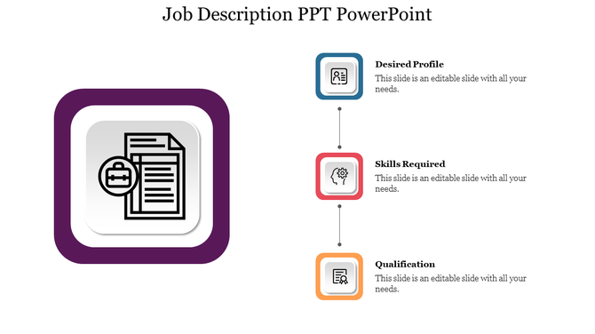 Job description slide with a large purple bordered graphic on the left and three connected profile icons on the right.