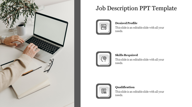 Job description slide featuring sections for desired profile, skills required, and qualifications with icons.