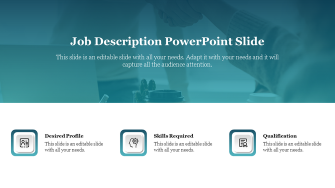Professional job slide with a blue overlay background and three gray bordered icons representing hiring criteria.