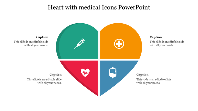 Heart shaped diagram divided into four colorful sections in green, orange, red, and blue, with a white medical icon.