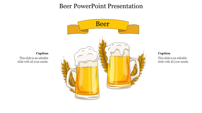 Two mugs of beer with foam, surrounded by wheat stalks, under a yellow banner, with text on both sides.