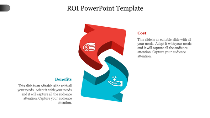 ROI PowerPoint template with red and blue 3D arrows showing cost and benefits icons in opposite directions.