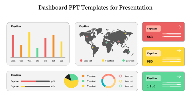 A slide displaying dashboard elements like bar graphs, a world map with data points, and progress bars, with captions.