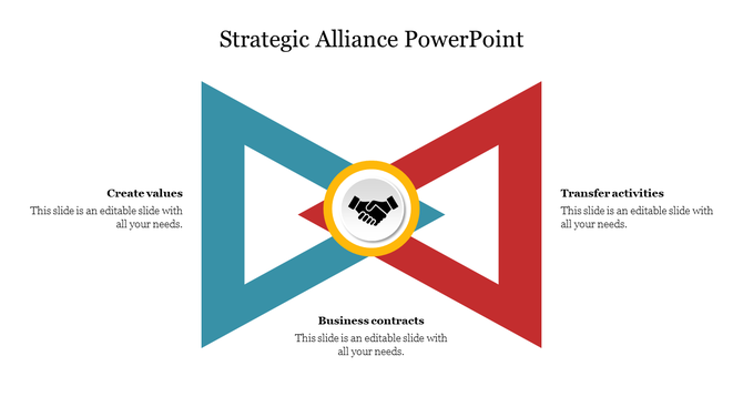 Symmetrical red and blue triangle design with handshake icon at center, representing partnership and strategic alliances.