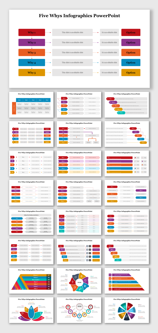 Slide deck displaying colorful infographics with segmented designs for five whys, using vibrant boxes and flow arrows.