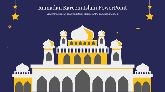 Illustration of a mosque with white and yellow details on a navy blue background, adorned with hanging stars and patterns.
