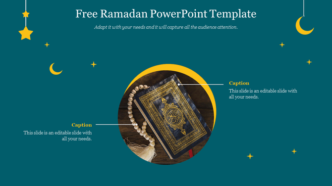 Ramadan themed slide with an image of the Quran and prayer beads set against a teal backdrop with a crescent moon and stars.