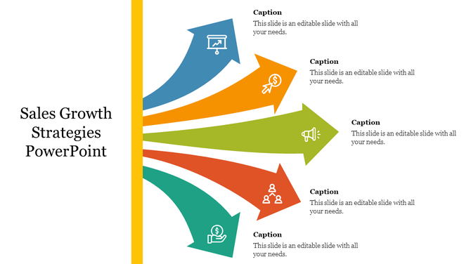 Sales strategy layout showing a vertical line and diverging arrows with distinct icons for strategic focus areas.