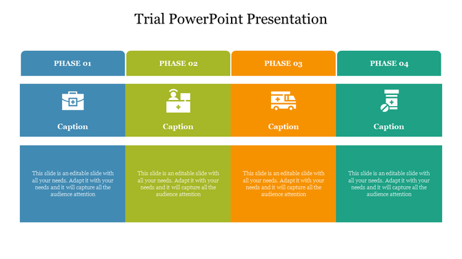 Colorful four-phase trial layout with medical-themed icons and caption areas under each phase.