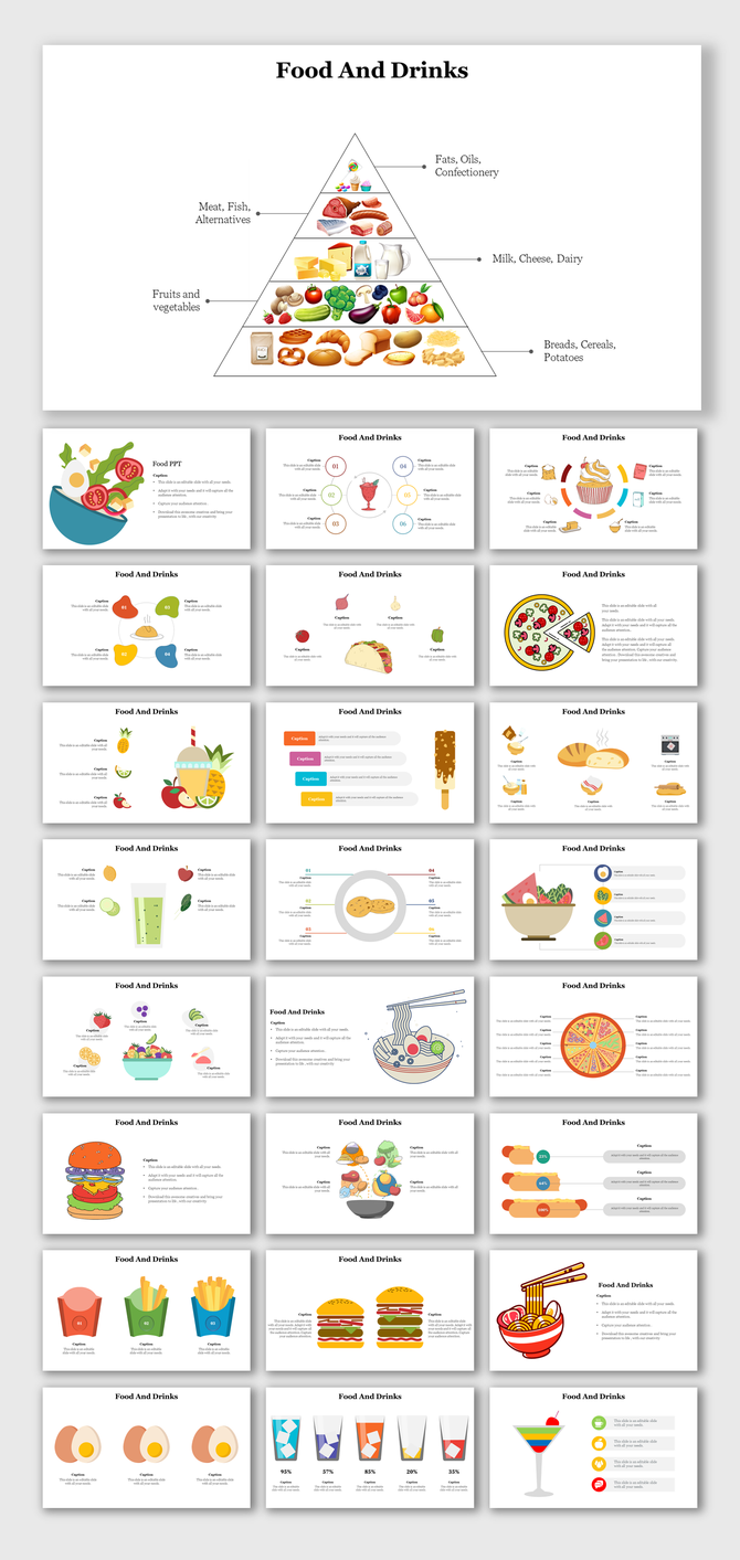 Slide deck on food and drinks, featuring a food pyramid, nutrition charts, and illustrations of various dishes and beverages.