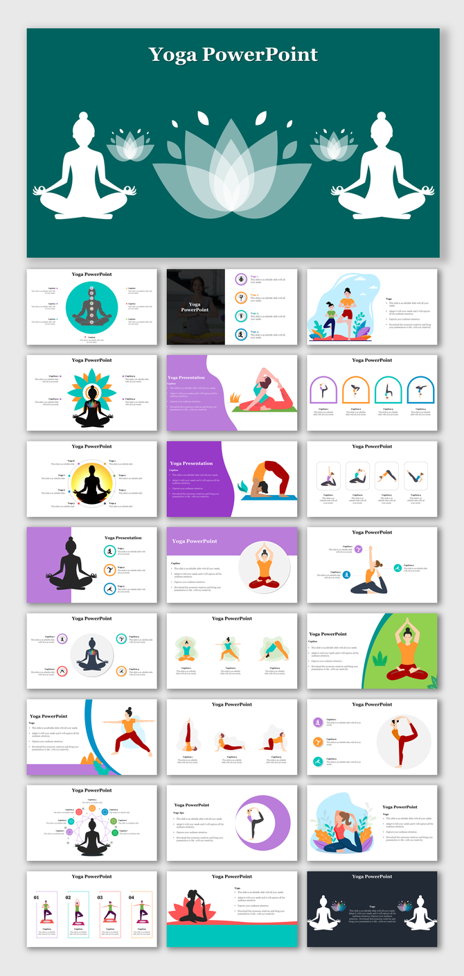 Slide deck featuring vibrant illustrations of yoga poses, chakra diagrams, and multicolored text sections.